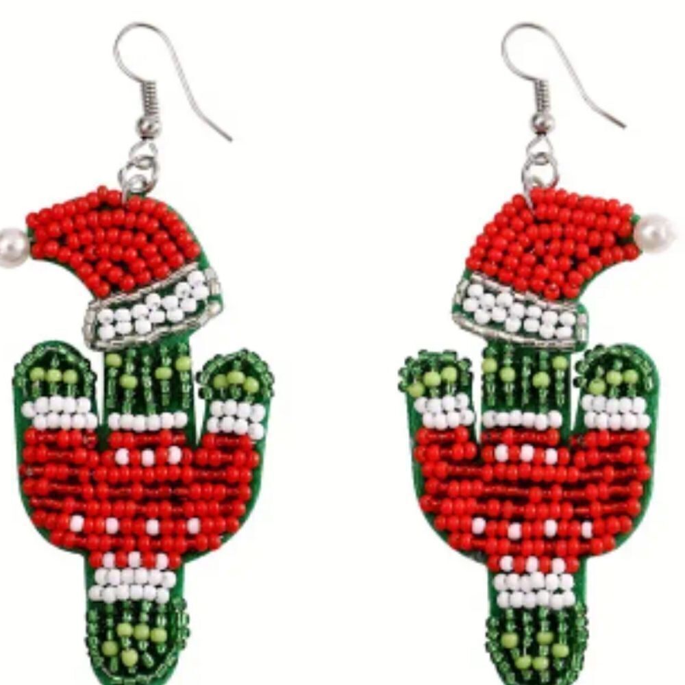 Cb#3 CACTUS beaded christmas earrings